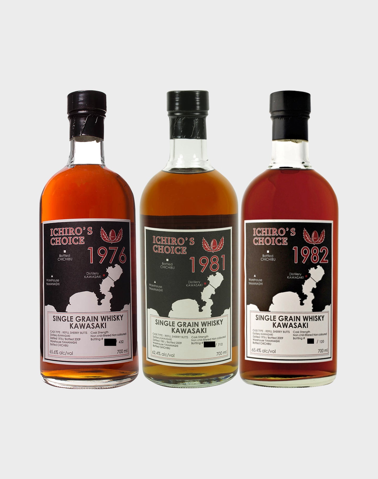 Kawasaki Single Grain Whisky 1976, 1981 and 1982 (3 Bottles)